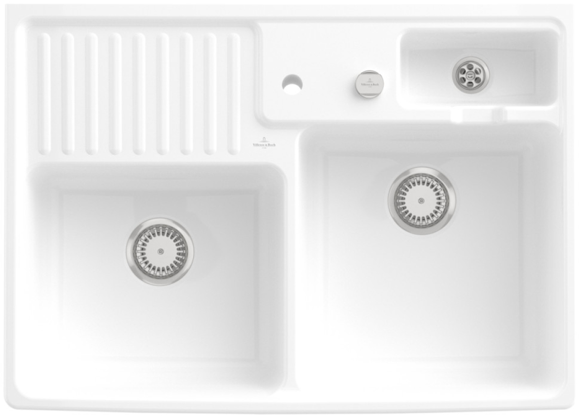 Villeroy & Boch 632392R1HL12 Spülstein Doppelbecken Weiß Alpin Keramikspüle Excenterbetätigung 90 cm Unterschrank